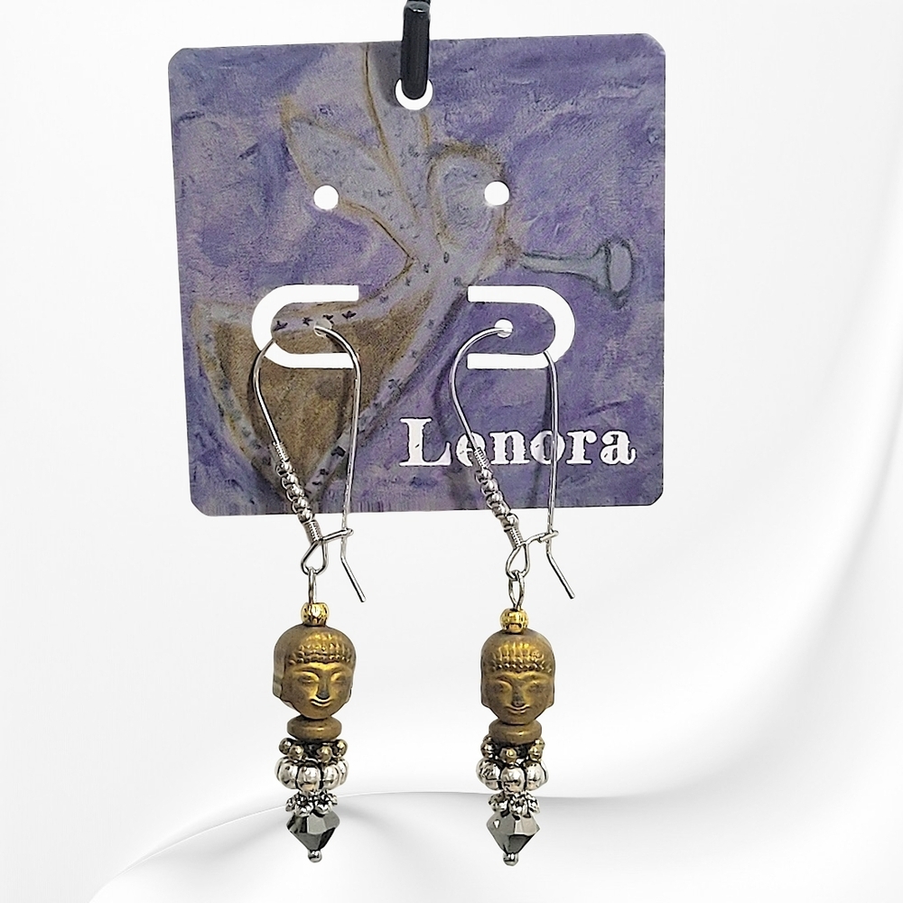 Hand Crafted Buddha Earrings - Swarovski Crystals Titanium Hematite 2⅞" Long